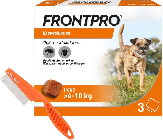FRONTPRO Kauwtabletten voor honden van 4-10 kg. Bevat 3 tabletten en een vlooienkam. Doodt vlooien en teken gedurende 30 dagen.