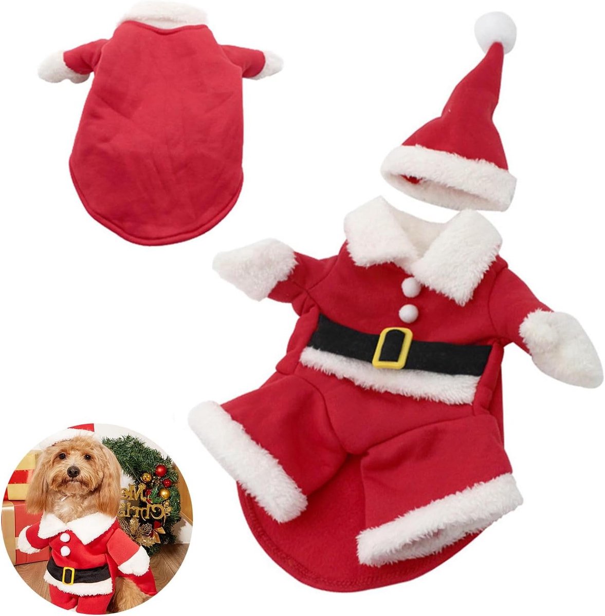 Huisdier Kerstkostuum - Feestelijke Kleding - Feestelijke Viering - Zacht Pluche Materiaal - Maat L - Rood