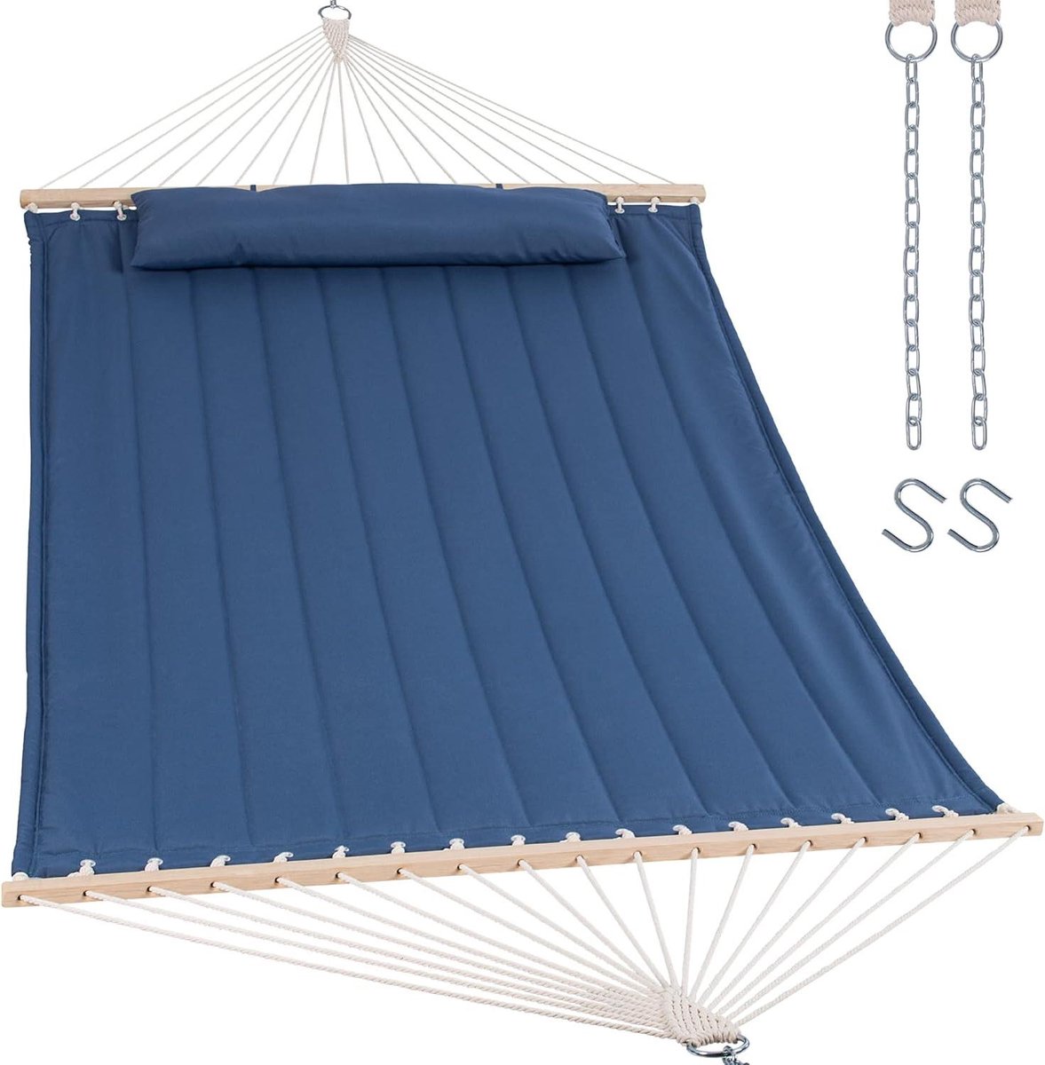 Dubbele buitenhangmat - Tweepersoons hangmat - Ontspannen in de tuin - Stabiele hardhouten spreidstang - Tot 215 kg - Blauw