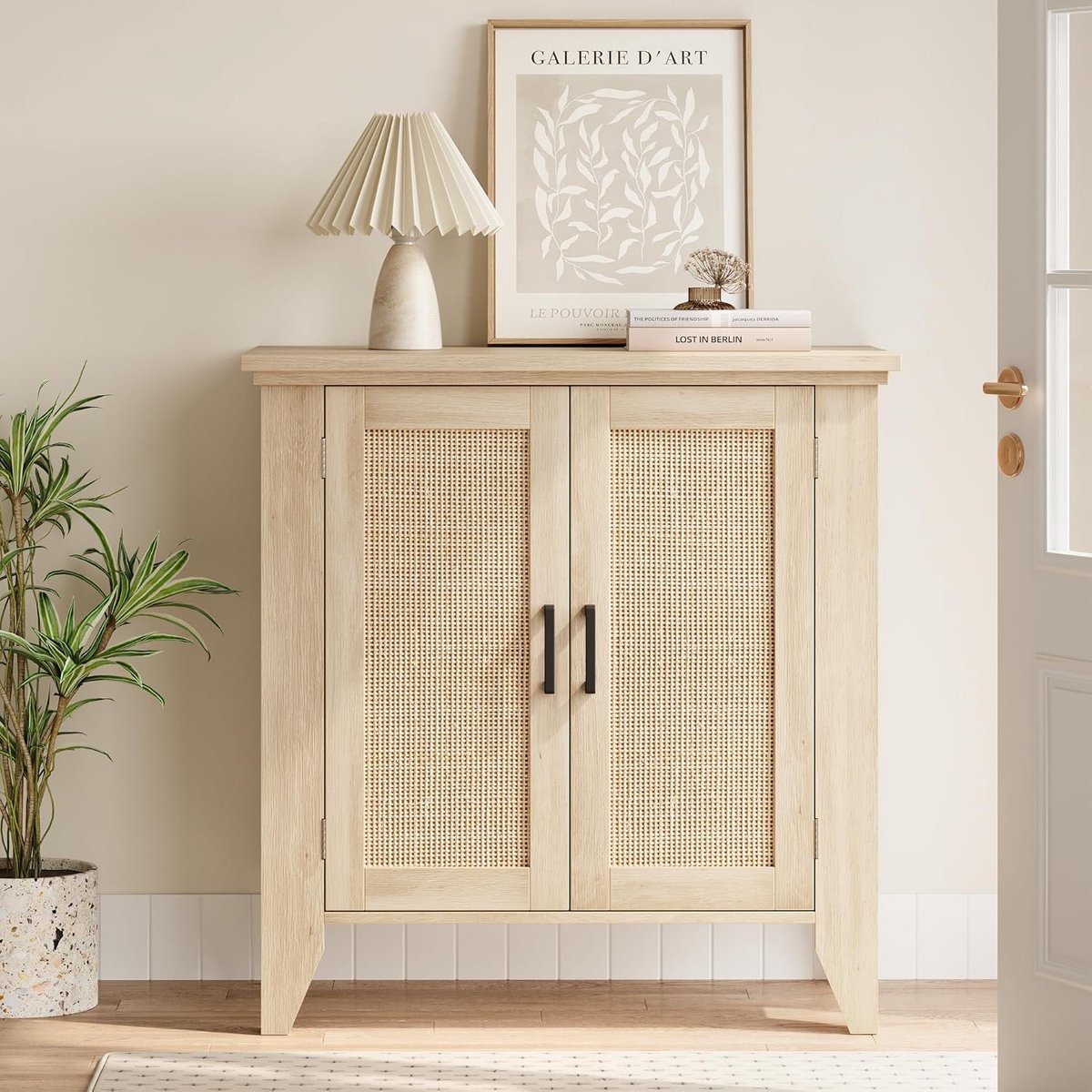 Houten Dressoir met Rotan Deuren - Compacte Buffetkast met Verstelbare Plank - Bohemien Opbergkast voor Woonkamer, Keuken en Hal - Naturel Eiken - 76 x 40 x 80 cm