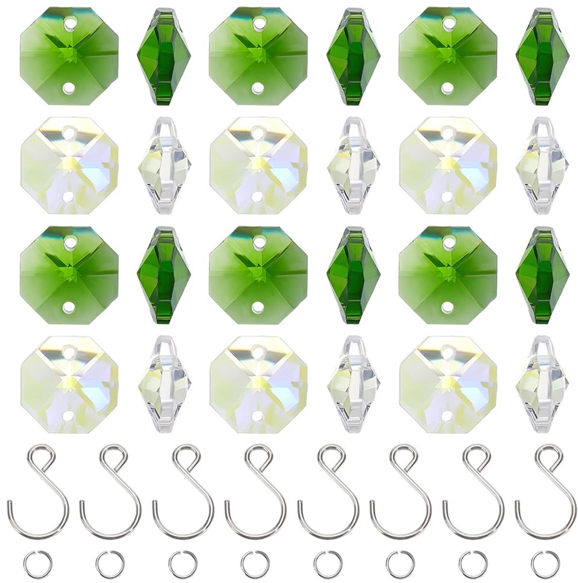 240 sets kristallen zonnevanger-kralen, 14 mm, glazen achthoekige kralen, groen, zonnevanger, gefacetteerde afstandhouders met springringen en S-vormige haken