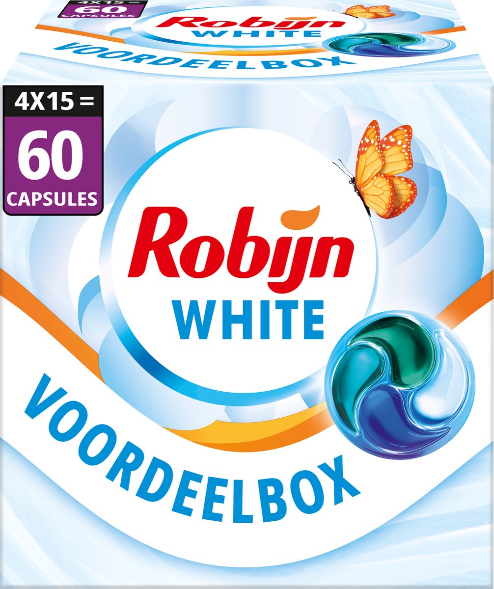 Robijn Wasmiddel - 4-in-1 Wascapsules - Stralend Wit - 4 x 15 stuks - 60 Wasbeurten - Voordeelverpakking