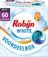 Voordeelverpakking Robijn White 4x15 = 60 wascapsules, met vlinder en wascapsule.