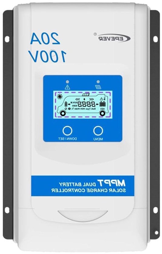 MPPT Laadregelaar - Zonnecontroller Solar - Batterijen Laden - Dubbele Batterij Ondersteuning - 20A - Grijs