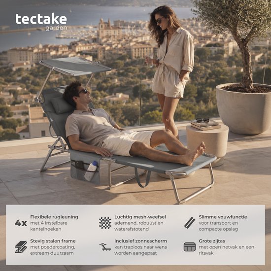 tectake® Ligbedden met Zonnescherm - Set van 2 Zonnebedden - 4 standen - Inklapbaar - Met Handgreep, Zijvak en Hoofdkussen - Grijs van TecTake — afbeelding 2
