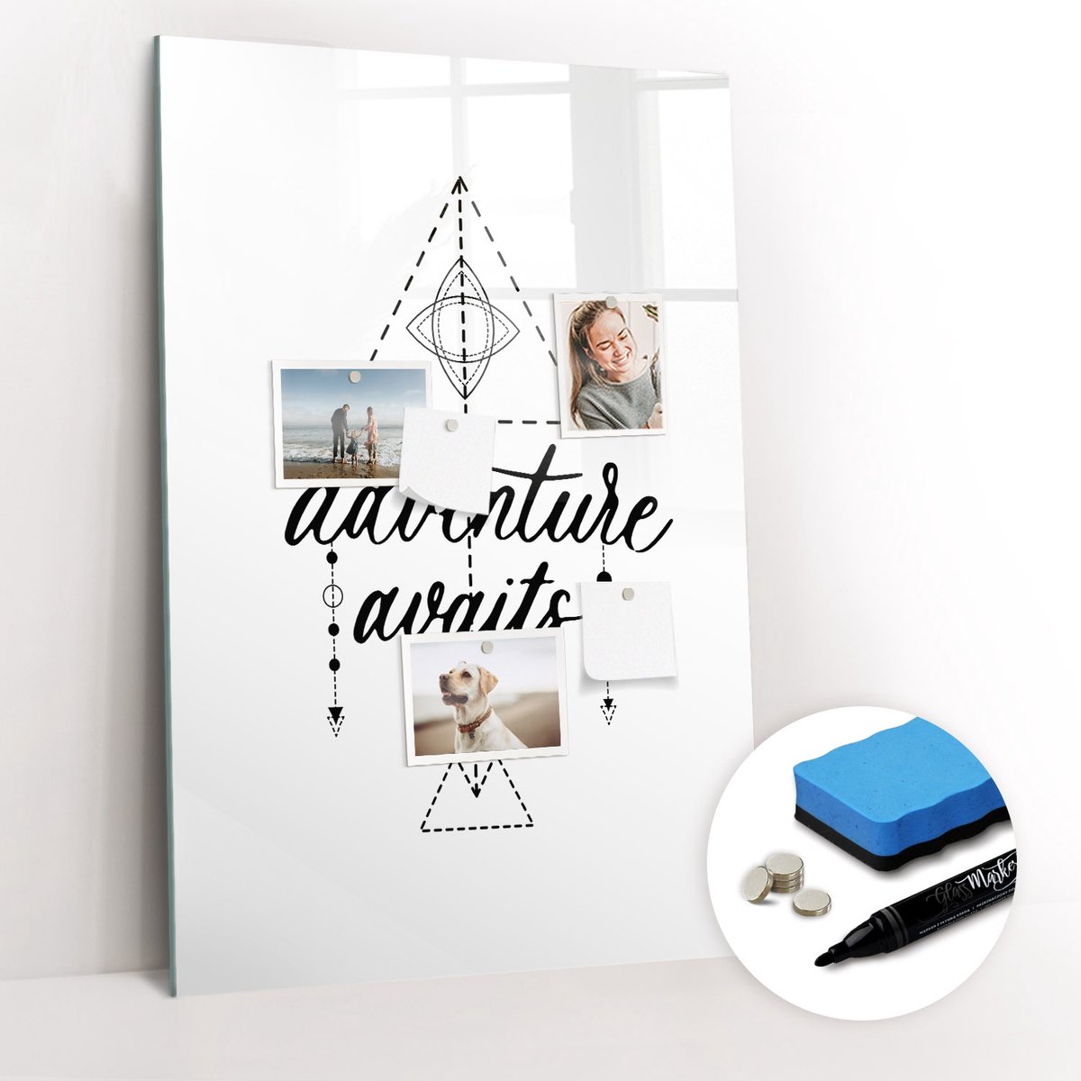 Tulup Whitebord - Avontuur - 60 x 90 cm - Wit Memobord Keuken - Gratis 5 Sterke Magneten + Whiteboard Marker & Wisser - Wanddecoratie Kantoor - Magneetbord Rechthoekig - Inspiratiebord Kantoor