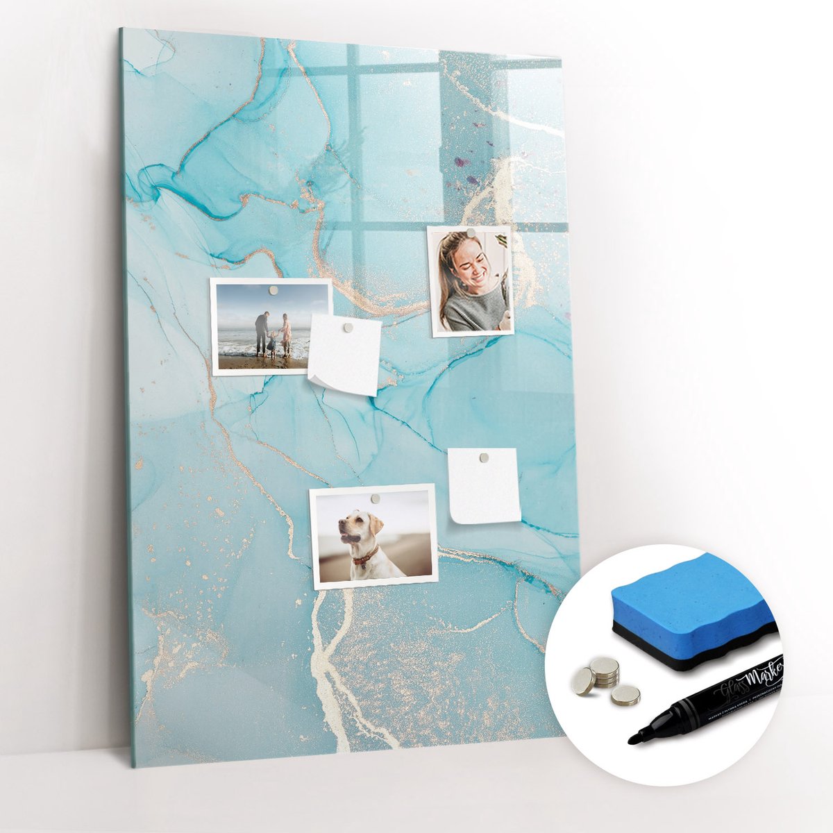 Tulup Whitebord - Decoratief marmer - 60 x 90 cm - Turkoois Memo Bord - Gratis 5 Sterke Magneten + Whiteboard Marker & Wisser - Organizer Muur - Magnetisch Wandbord - Planning Muur