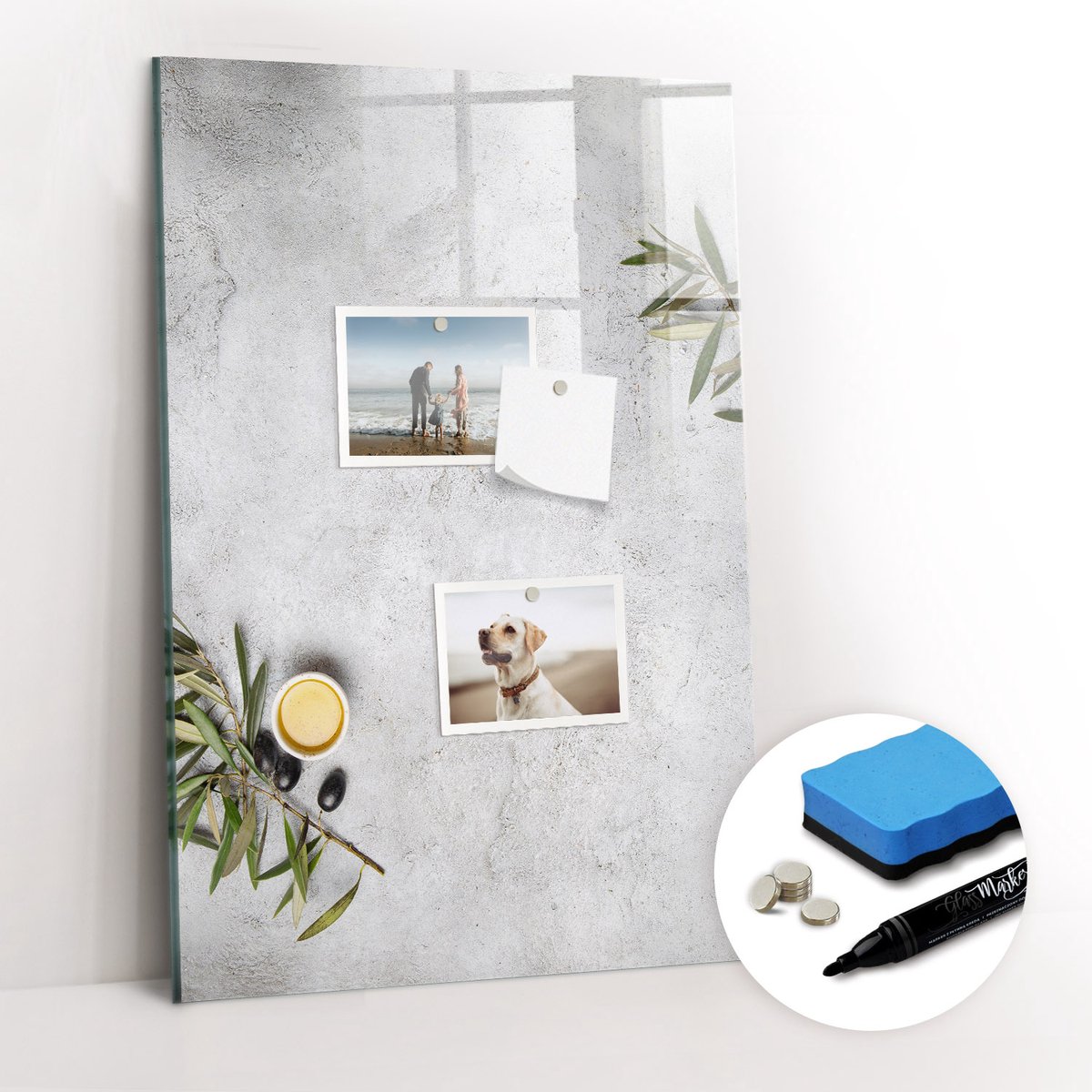 Tulup Whitebord - Beton en olijven - 40 x 60 cm - Grijs Magnetisch Bord - Gratis 5 Sterke Magneten + Whiteboard Marker & Wisser - Minimalistisch Prikbord - Magnetic Board - Notitiebord Werkplek