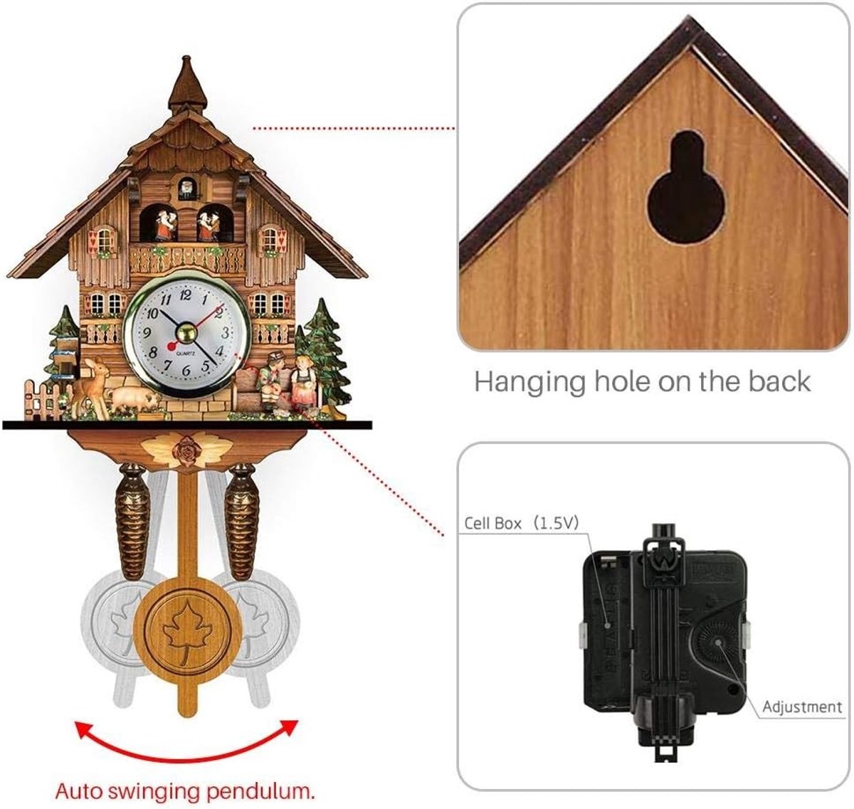 Antieke Houten Kookoo Klok met Pendel en Swingende Bel voor Wanddecoratie in Huis