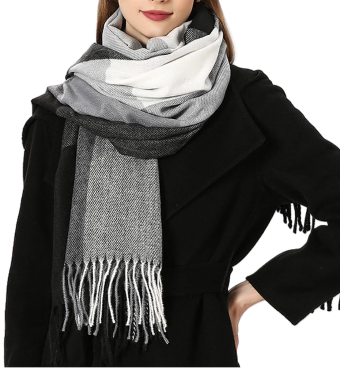 damessjaals voor de winter, geruit, warm, modieus, lang, met franjes, geruit, elegant, warm, zacht, 200 x 70 cm