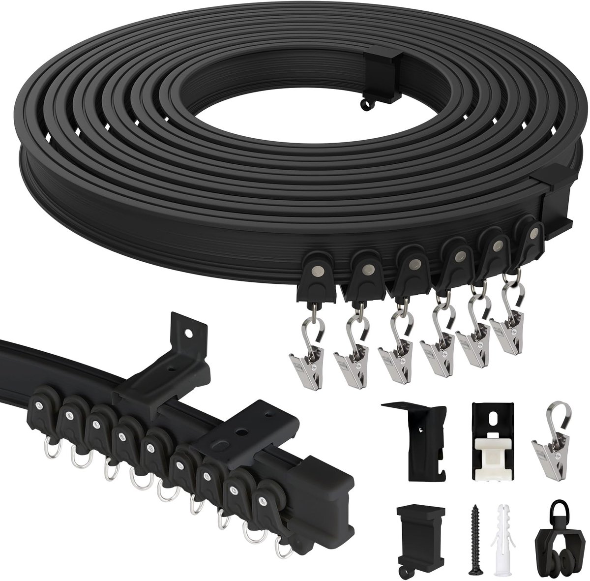 10 m ABS-rail voor plafond en muur, flexibel met stille riemschijven, voor ruimtescheiding, gordijnen, caravans, balkon, kantoor, zwart
