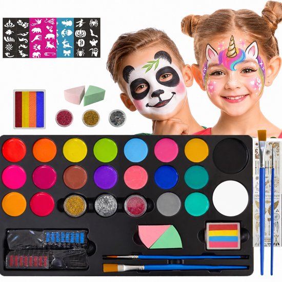 Meedeer Schminkset voor kinderen-20 kleuren-Make-up voor kinderen-Waterbasis-Met Penselen & Stencils-Kinderschmink-Afwasbare Face Paint voor Carnaval, Halloweenen