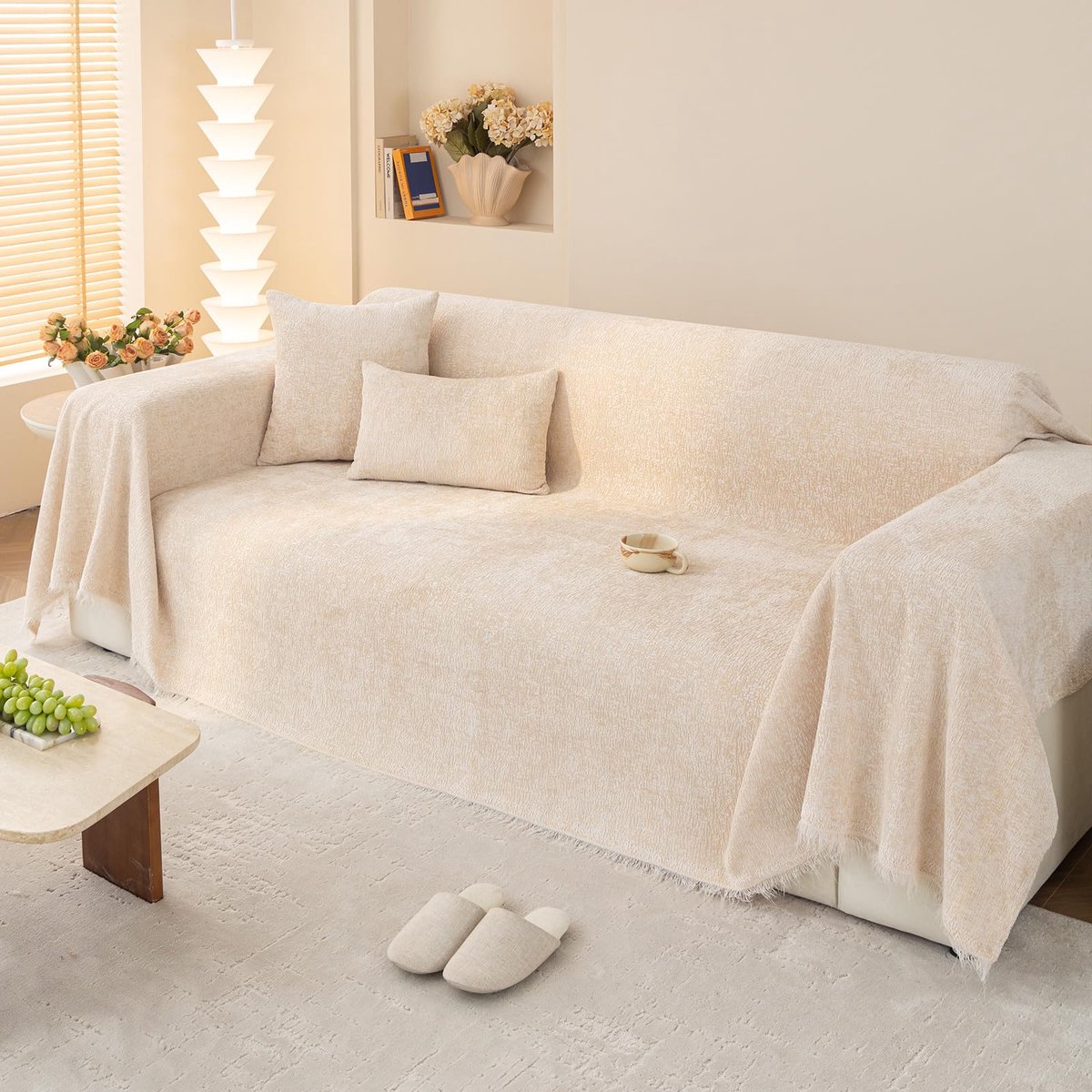Chenille Sofa Gooit Moderne Modieuze Bankdeken met Handgemaakte Kwasten Wasbare Banksprei, Zachte Comfortabele Sprei voor Stoel, Bank, Reizen, 180 x 340 cm-Beige
