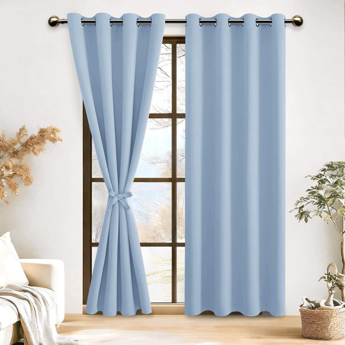 Verduisteringsgordijnen met inslagringen, ondoorzichtige gordijnen met gordijnhouder, thermogordijn, koudebescherming, gordijnen woonkamer, slaapkamer, warmte-isolerend, lichtblauw, 245 x 140 cm