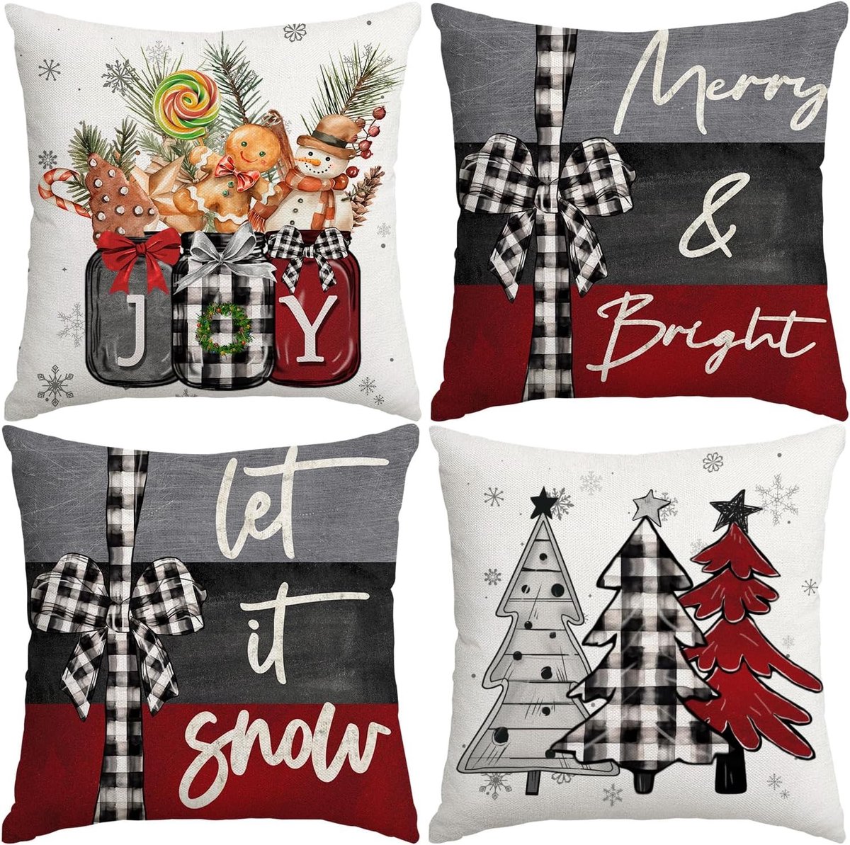 55x55cm Kerst Kussenhoezen met Merry Christmas, Joy en Kerstbomen in Rood en Zwart - Decoratieve Winter Kussens voor Bank en Sofa, Set van 4