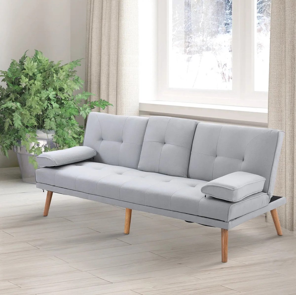 MEUNIQ Slaapbank 3-zits 181 cm met verstelbare rugleuning en neerklapbaar middendeel, polyester bank en sofabed voor woonkamer of logeerkamer, lichtgrijs