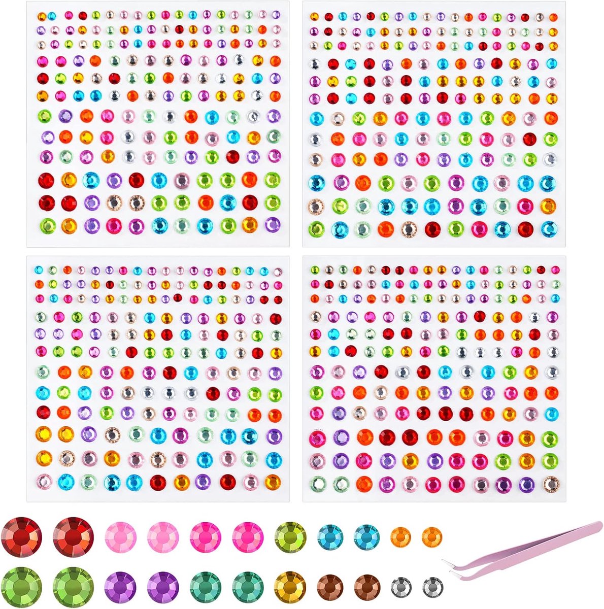 Zelfklevende Strass Stickers, 4 Vellen 666 Stuks Strass Gezichtsjuwelen, Face Gems Glitter, voor Wangen en Haar,en Nagels, Rave Festival DIY Gezichtsstickers, PC Telefoon Sticker DIY