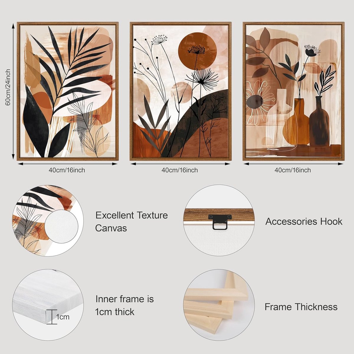 Set van 3 ingelijste doeken in boho-stijl met bruine botanische bladeren, minimalistische illustratie voor huisdecoratie voor slaapkamer, woonkamer, kantoor, 40 x 60 x 3 cm — cadeau in Wonen & Interieur - foto 4