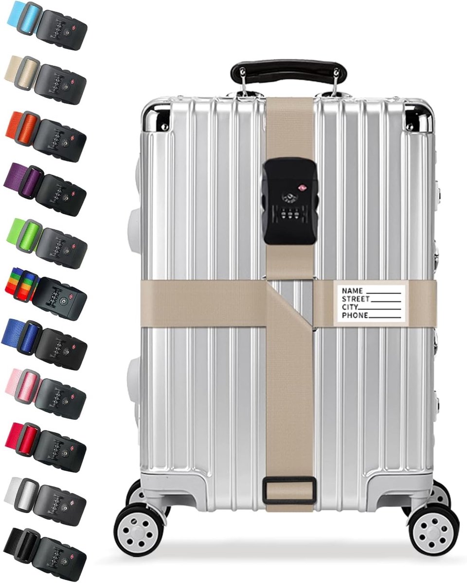 Crossbagagebanden met TSA-slot, verstelbare kofferriemen voor bagage van 50 - 70 cm, zware reisriemen met 3-cijferig combinatieslot en naam-ID-tags, veilige reisaccessoires (kaki)