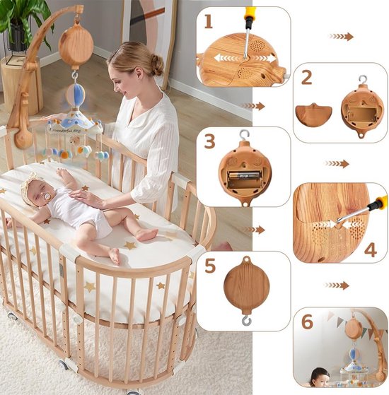 Mobiel Speeldoos, Elektrisch Baby Speeldoos met Houtlook, Baby Bed Mobiel Muziekdoos, Muziekdoos Bedbelletjes, Bedbelletjes Hanger voor Babybed Decoratie, 35 Melodieën — afbeelding 3
