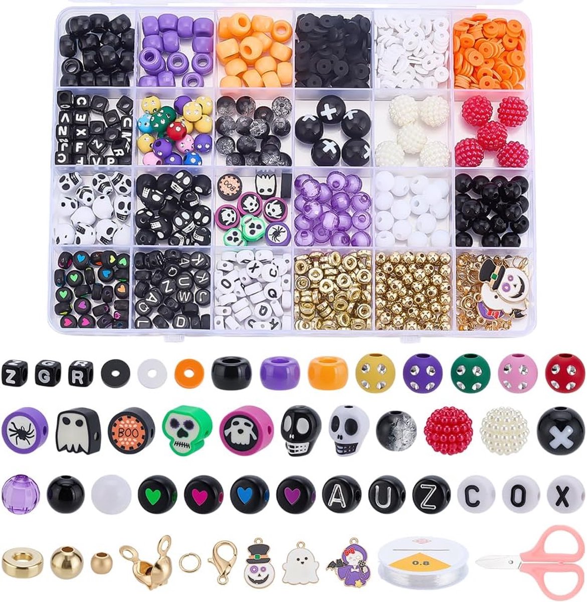 Kralen voor het knutselen van armbanden, gezicht, doodskop, letterkralen met schaar, elastisch koord, buigringen, Halloween parelhanger