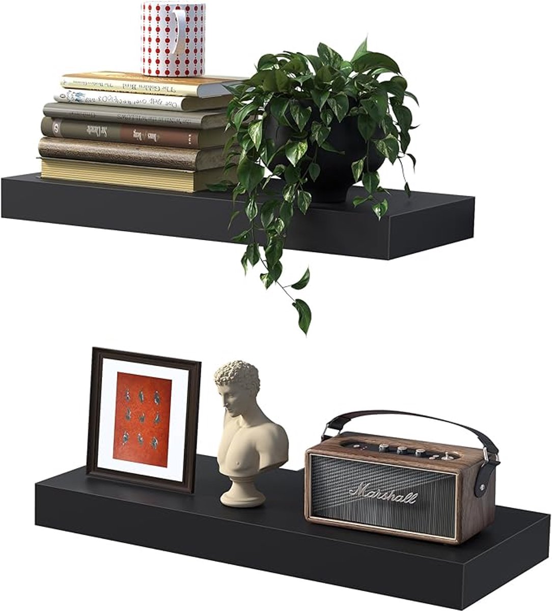 Set van 2 Zwevende Houten Wandplanken 40 cm - Wandplank met Metalen Beugels tot 10 kg - Boerderij Stijl Wanddecoratie voor Badkamer, Woonkamer, Keuken en Slaapkamer - Zwart