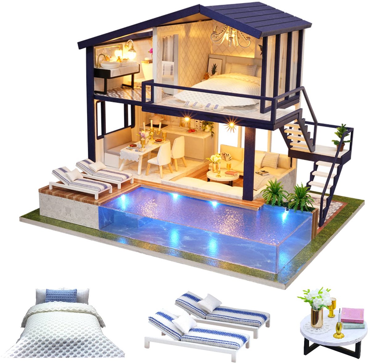 DIY Houten Poppenhuis Handcraft Miniatuur Kit Model & Meubilair-Tijd Appartement Met Zwembad