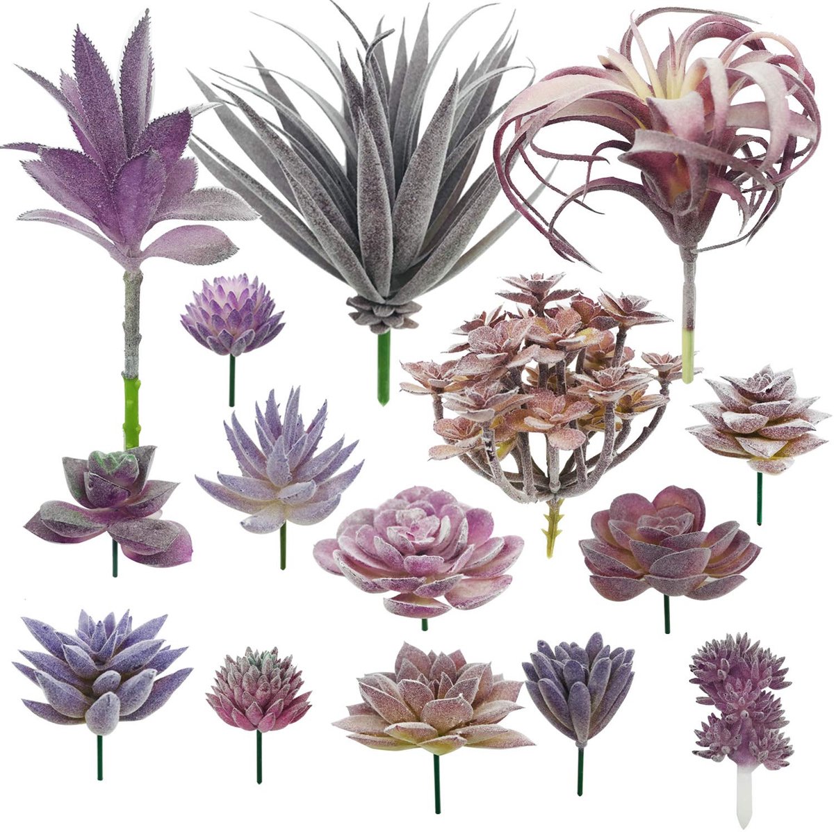 15 stuks kunstmatige vetplanten, paarse nepvetplanten, ongepot faux succulent assortiment in gevlokt blauw in verschillende soorten voor verjaardag woondecoratie indoor muur tuin doe-het-zelf