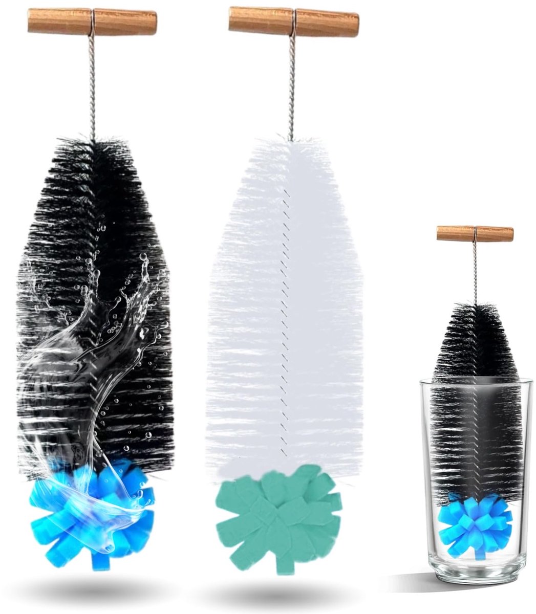 2 stuks flessenborstel, 35 cm lengte met ergonomische handgreep, zwarte borstelharen en blauwe spons, flessenborstel compatibel met SodaStream glazen fles, reinigt effectief en beschermt de