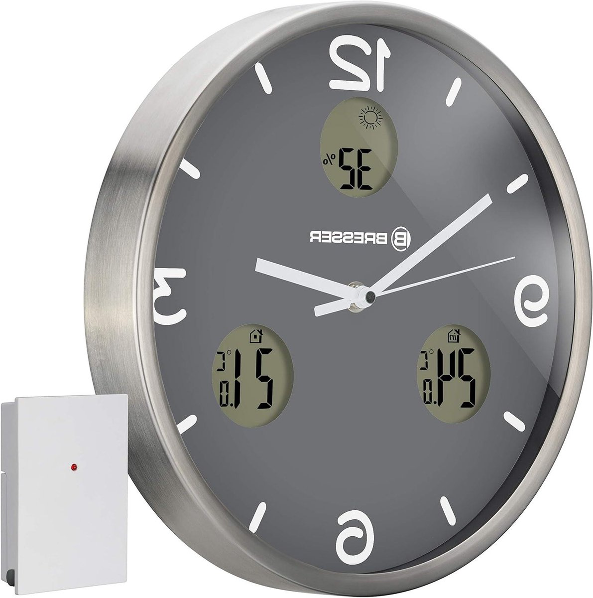 Wandklok met Weerstation - Radioklok Thermometer Hygrometer - Tijd en Weer Aflezen - Geluidsarm Radiosignaal - 30 cm Diameter - Grijs