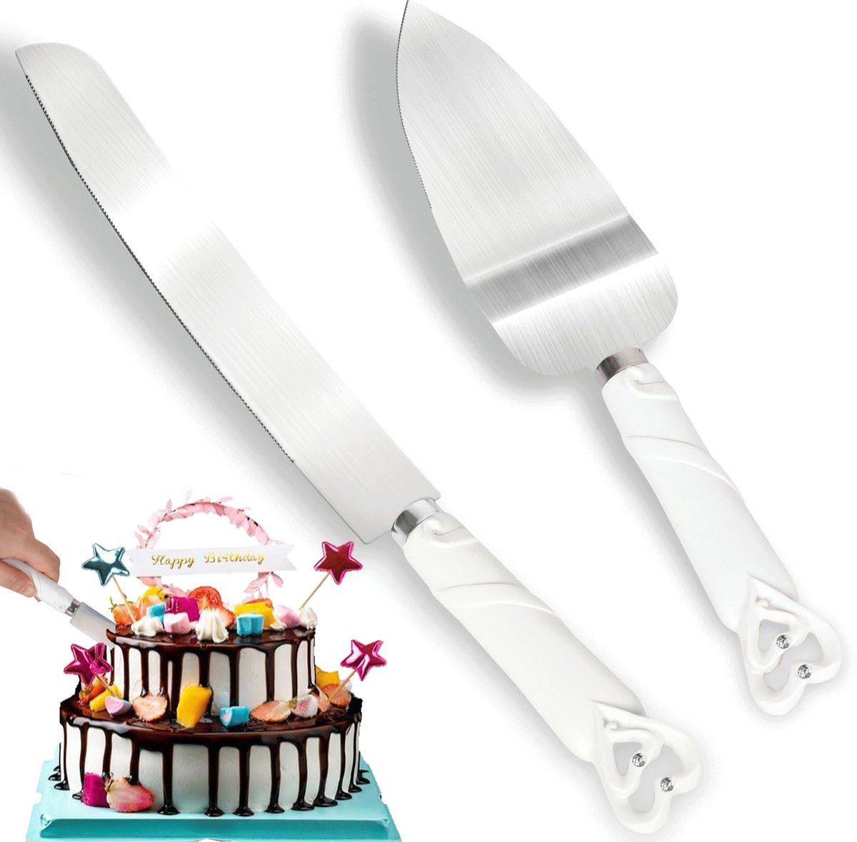 Taartmes en serveerset met geschenkdoos, in elkaar grijpend hartjesontwerp, roestvrij stalen taartmes voor bruiloft, verjaardagen, jubilea en feesten