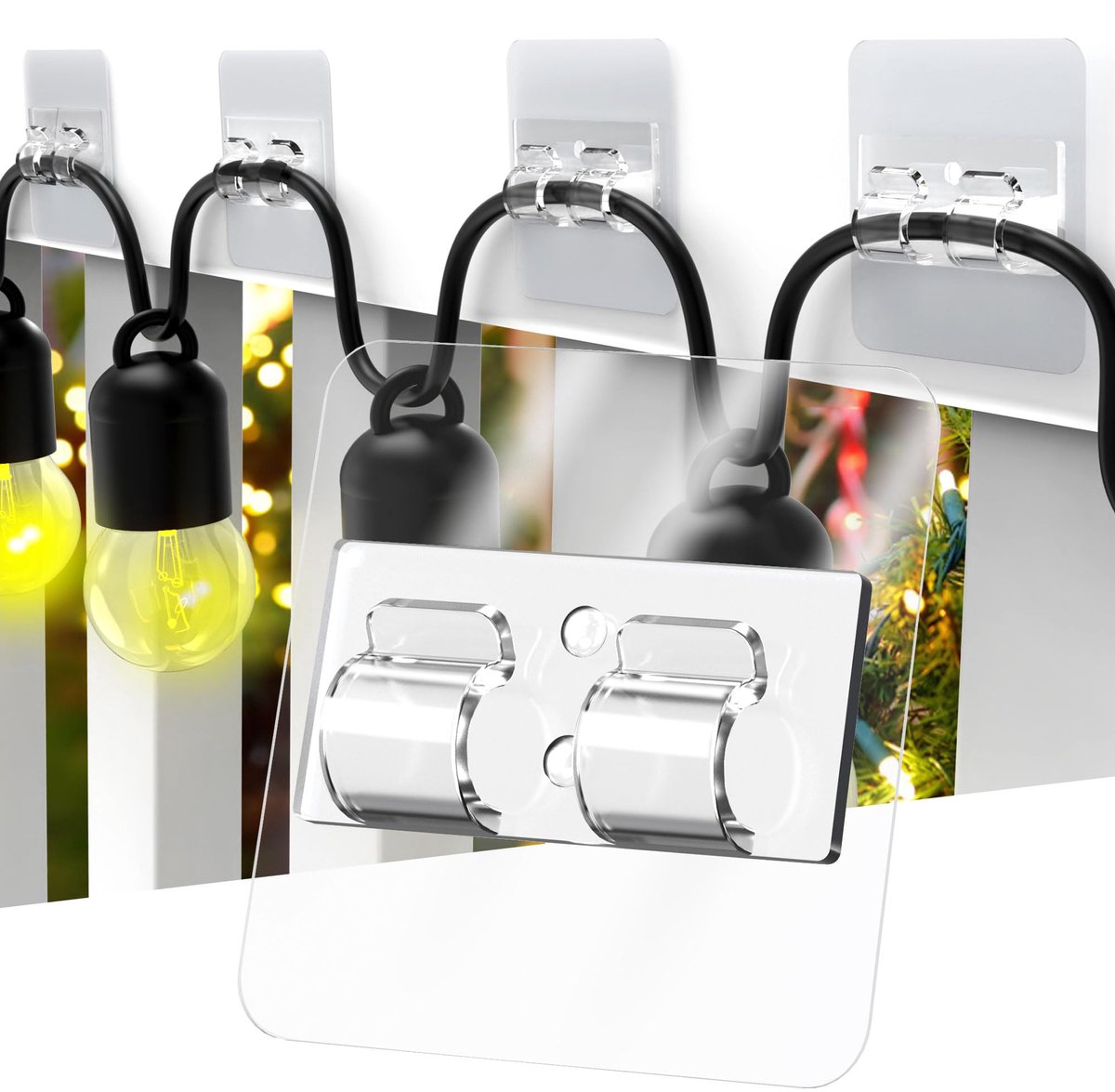Lichtslingers voor buiten, 24 stuks, grote nano-zelfklevende wandhaken voor hanglampen, ideaal voor terras, hek, huis, Kerstmis, Halloween-decoraties (5,5 x 5,5 cm zelfklevend gebied) (24)