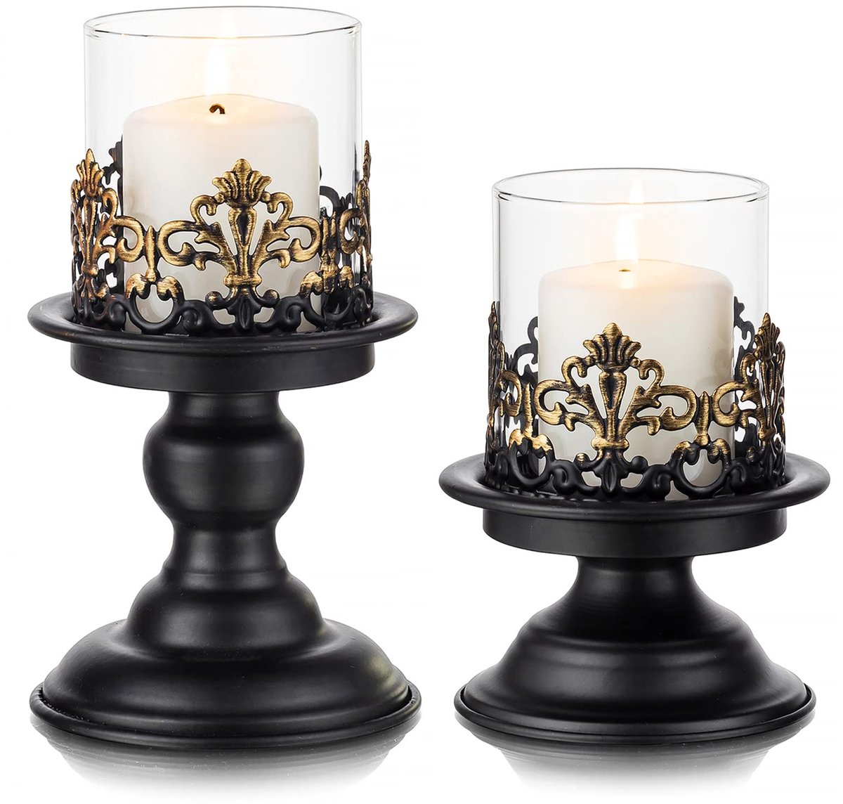 Zwarte Shabby Chic Pijler Kaarshouder Set voor Tafels - Gotische Kandelaar Houder Rustieke Glazen Orkaan Kaarshouders Centerpieces voor Schoorsteen Open Haard Diner Bureau Tafelblad Ornament