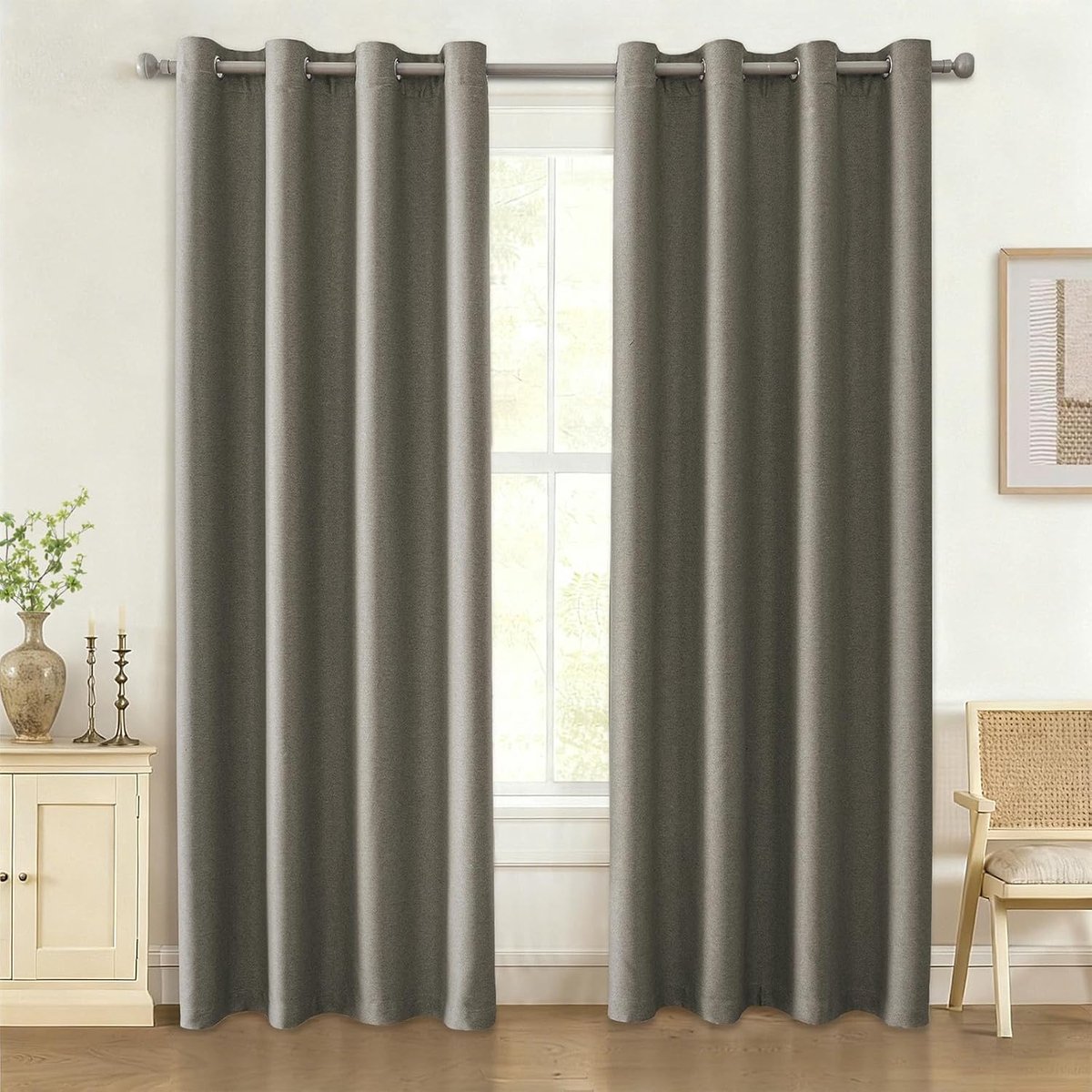 Thermo-verduisteringsgordijn, 2 stuks, linneneffect, thermisch gordijn, isolerend, tegen kou en hitte, warmte-isolerend gordijn, woonkamergordijn, akoestisch gordijn, 117 x 137 cm, donkerbeige