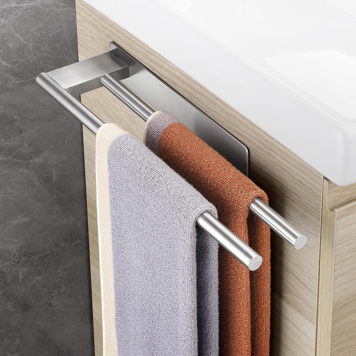 Handdoekhouder zonder boren, handdoekstang, dubbele badhanddoekhouder, zelfklevend, 304 roestvrij staal, geborsteld, 2-armig voor keuken en badkamer, wandmontage, zilver, 39 cm