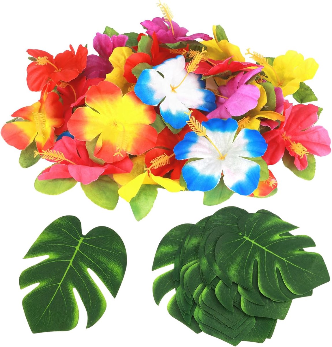 60 stuks tropische feestdecoratie kunstmatige tropische bladeren set met 30 Monstera-bladeren en 30 hibiscusbloemen voor feestjes, tafeldecoraties