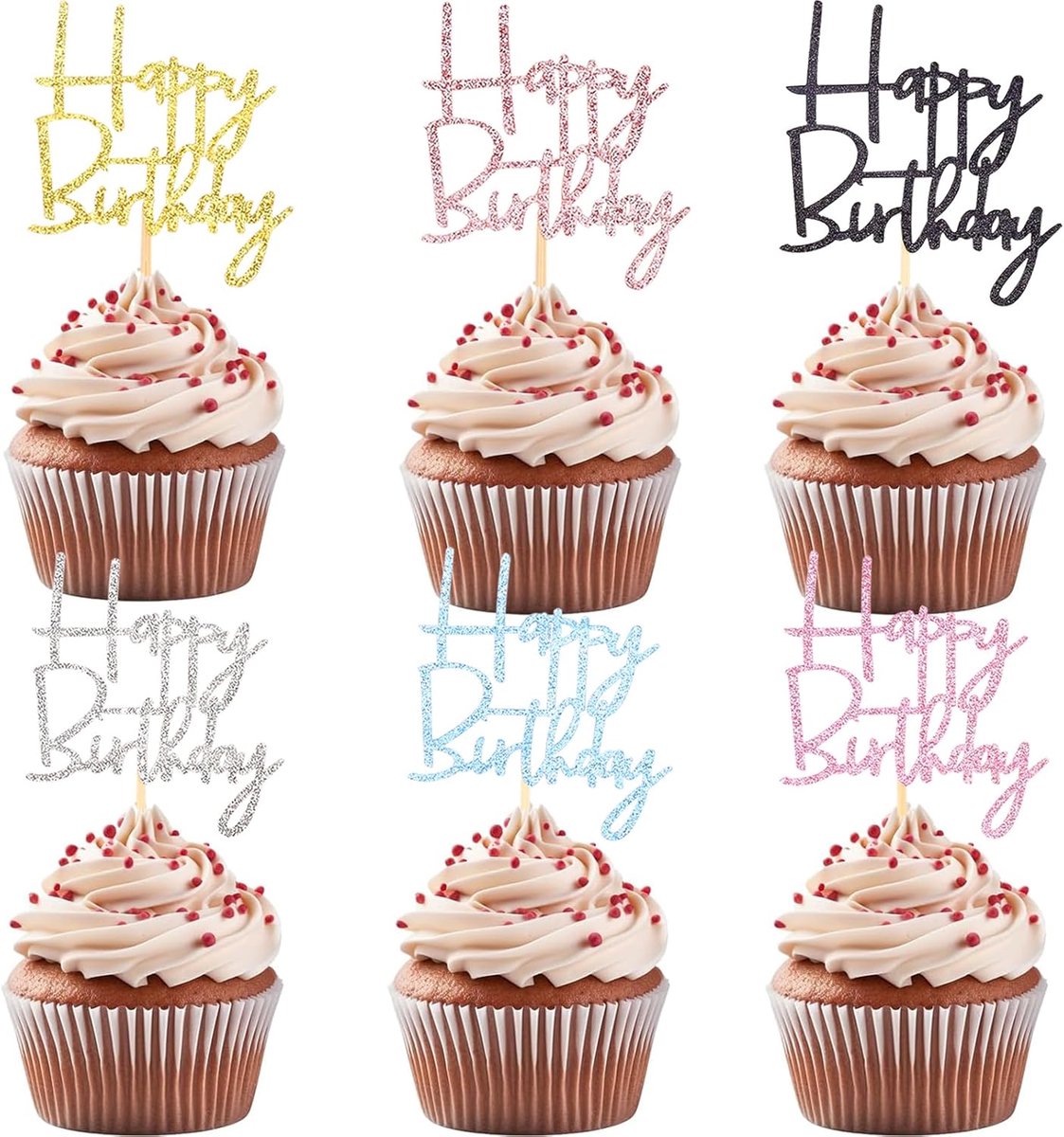 24 stuks Happy Birthday taartdecoratie voor verjaardag, Happy Birthday, cupcake-topper, 6 kleuren, glitter muffindecoratie voor verjaardag, 9,8 x 5 cm, cupcake-decoratie