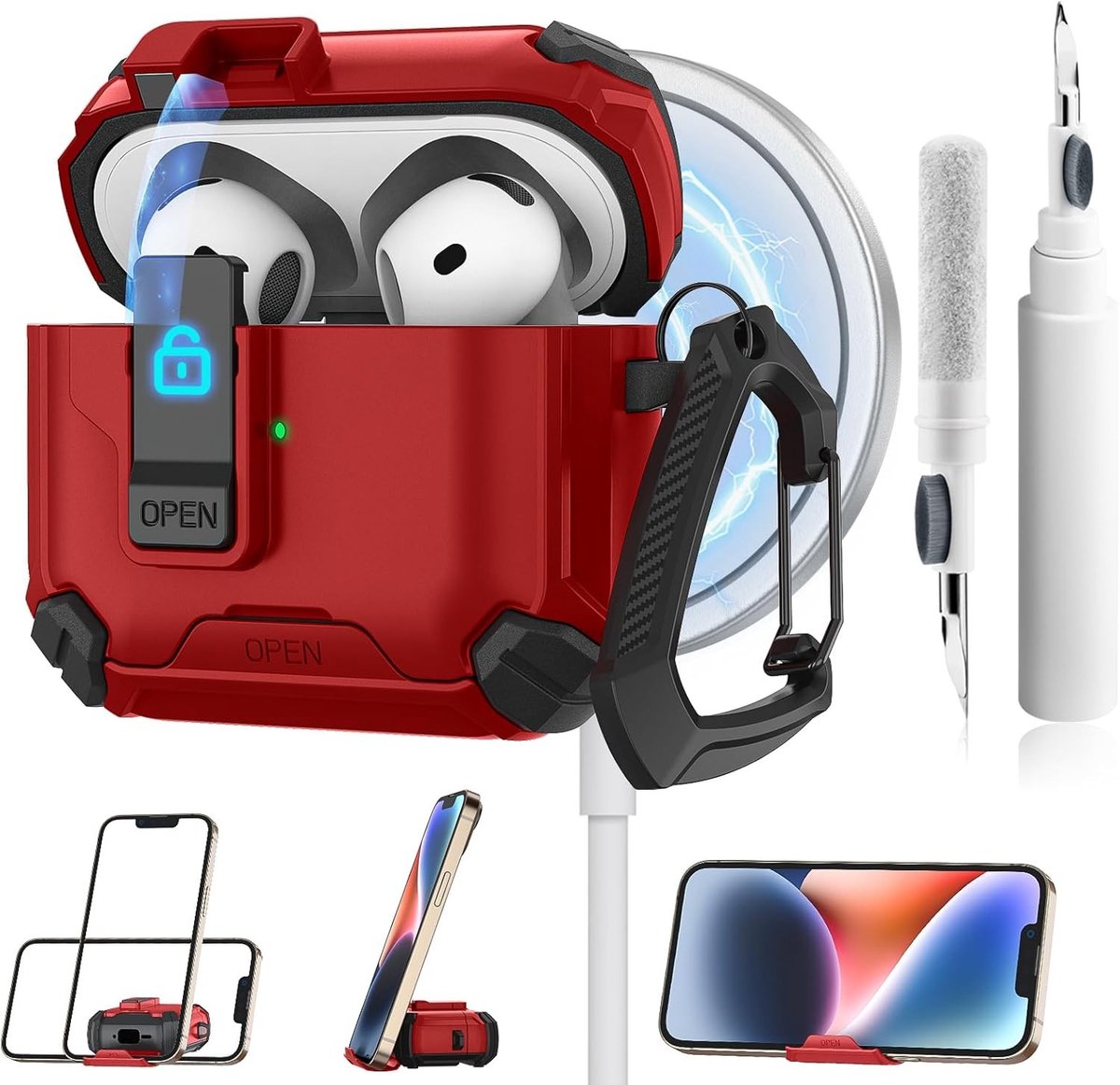 AirPods 4 Hoes met Telefoonhouder en Magnetische Oplader - Automatische Sluiting, Volledige Bescherming en Reinigingsset voor AirPods 4 Gen 2024