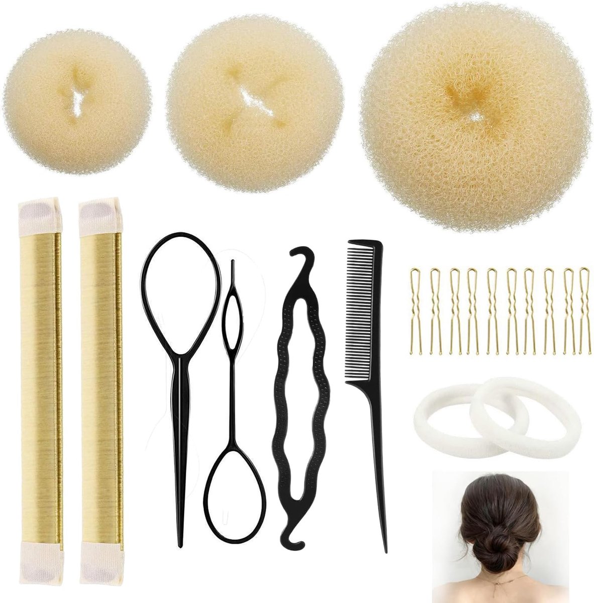 21-delige Knotjes Maker Set voor Dames, Haarknotset met Knot Donut en Haarspelden, Haarstyling Accessoires voor Updo-Kapsels - Beige