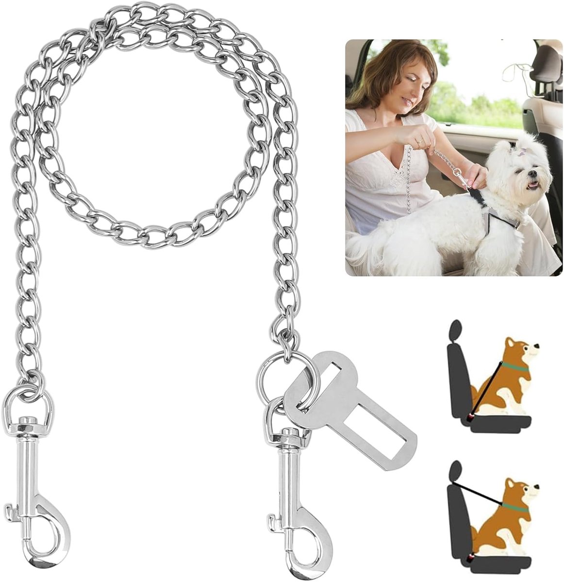 Bijtvaste Hondenriem Ketting 85 cm, Kort voor Achterbank Auto, Hondengesp, Veiligheidsgordel Hond Roestvrij Staal 304, Kauwveilig voor Kleine en Grote Honden