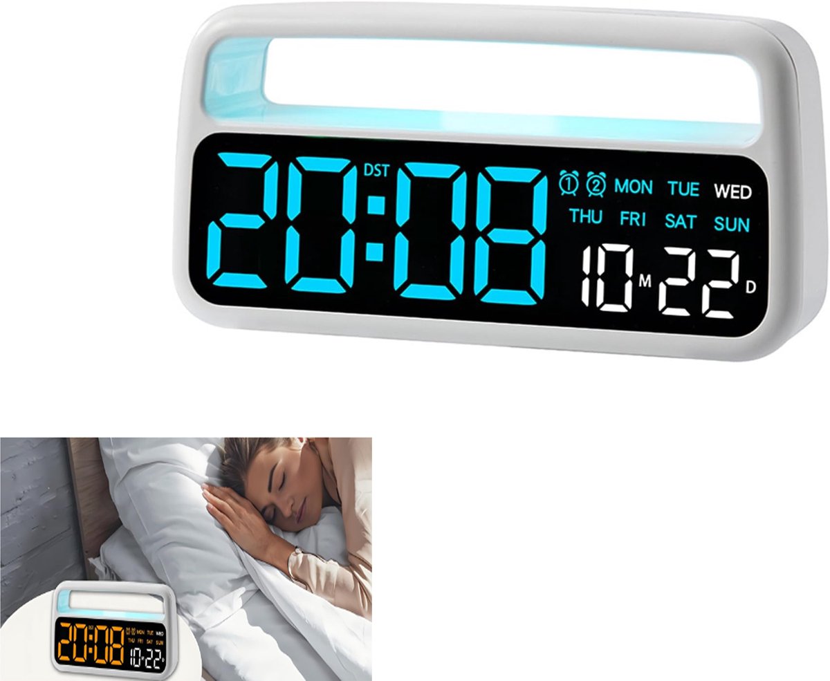 KZQ Multifunctionele digitale wekker met dubbele alarm en sfeerverlichting - Datum week en 3 helderheidsniveaus - Voor woonkamer en slaapkamer - Wit met blauwe verlichting