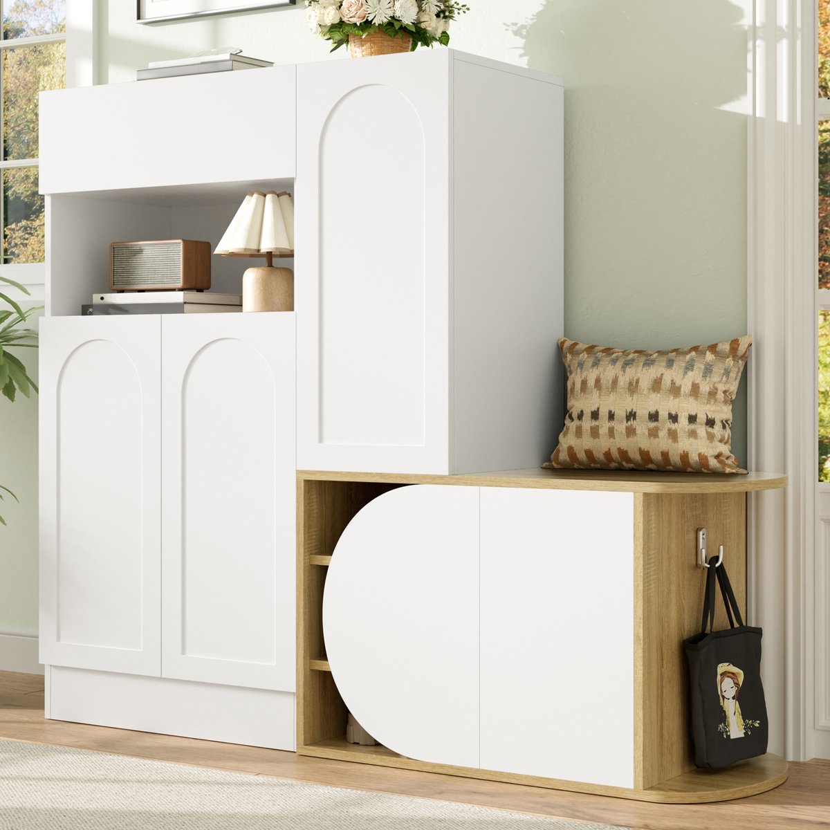 Sweiko Schoenenkast - Halmeubel - Met zitten - Lades - Houtlook - 130 × 35 × 110.5 cm - Wit