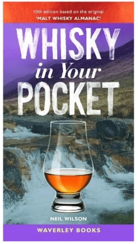 Boek "Whisky in Your Pocket" met een glas whisky op de voorgrond, een waterval en bergen op de achtergrond.