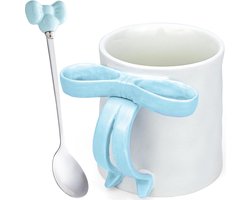 Keramische Mok - Koffiemok Cappuccino - Koffie Drinken - Met Strik Decoratie - 350 ml - Lichtblauw
