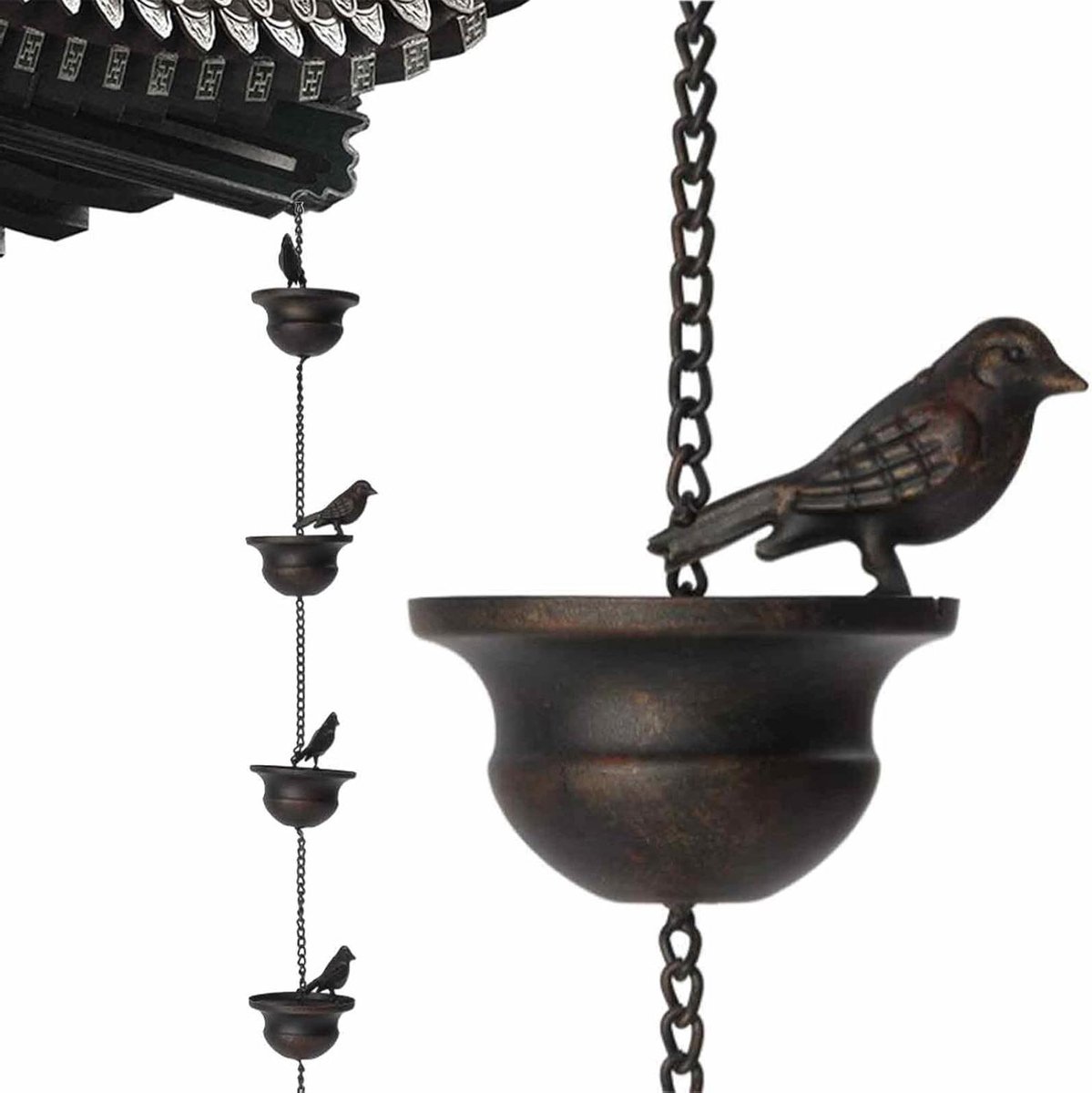 Regenketting - Afvoerketting Goot - Tuindecoratie Buiten - Met Vogeldecoratie - 19 Meter - Donkerbrons