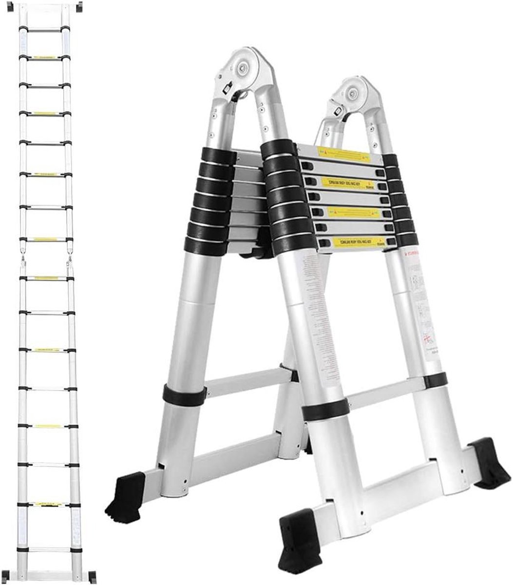 Telescopische Ladder - Vouwladder Aluminium - Werkzaamheden Buiten - Veilig Vergrendelingsmechanisme - Max 2.5 Meter - Zilver