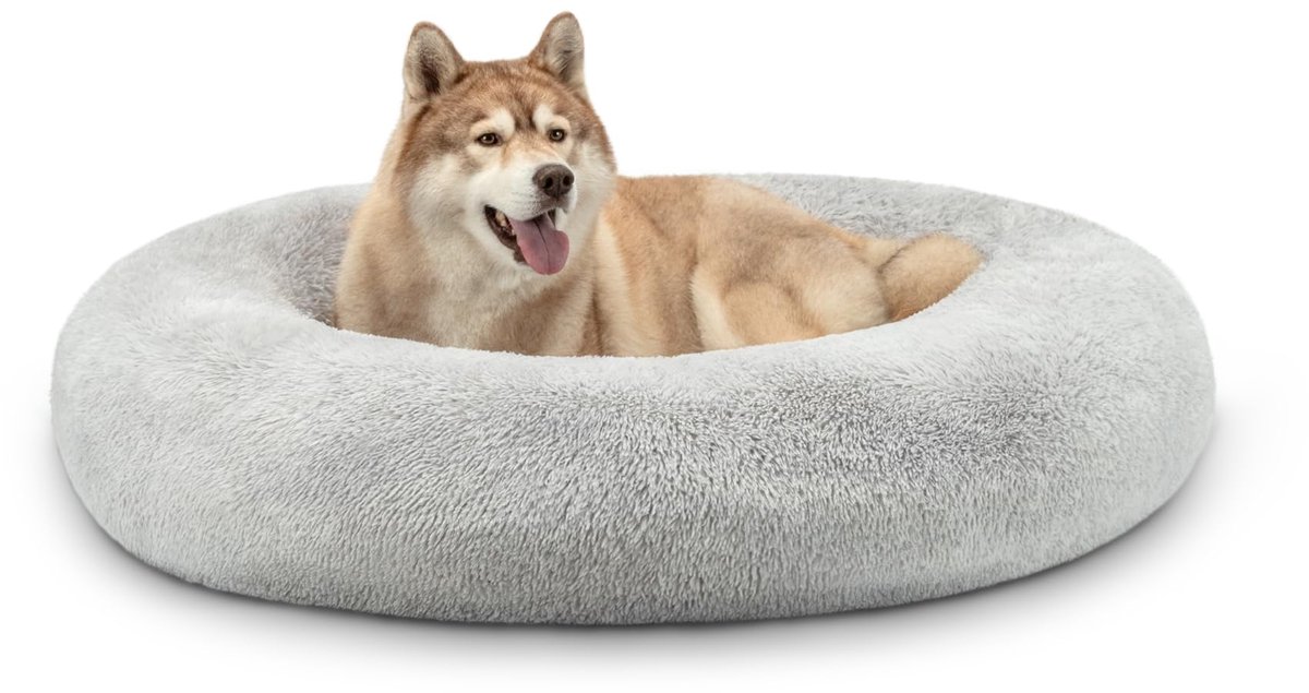 Donutbed voor honden en katten, pluizig rond hondenbed voor kleine en grote huisdieren, (4XL) 120 cm Ø, zacht kattenbed van knuffelpluche, hondenkussen met extra dikke vulling, lichtgrijs