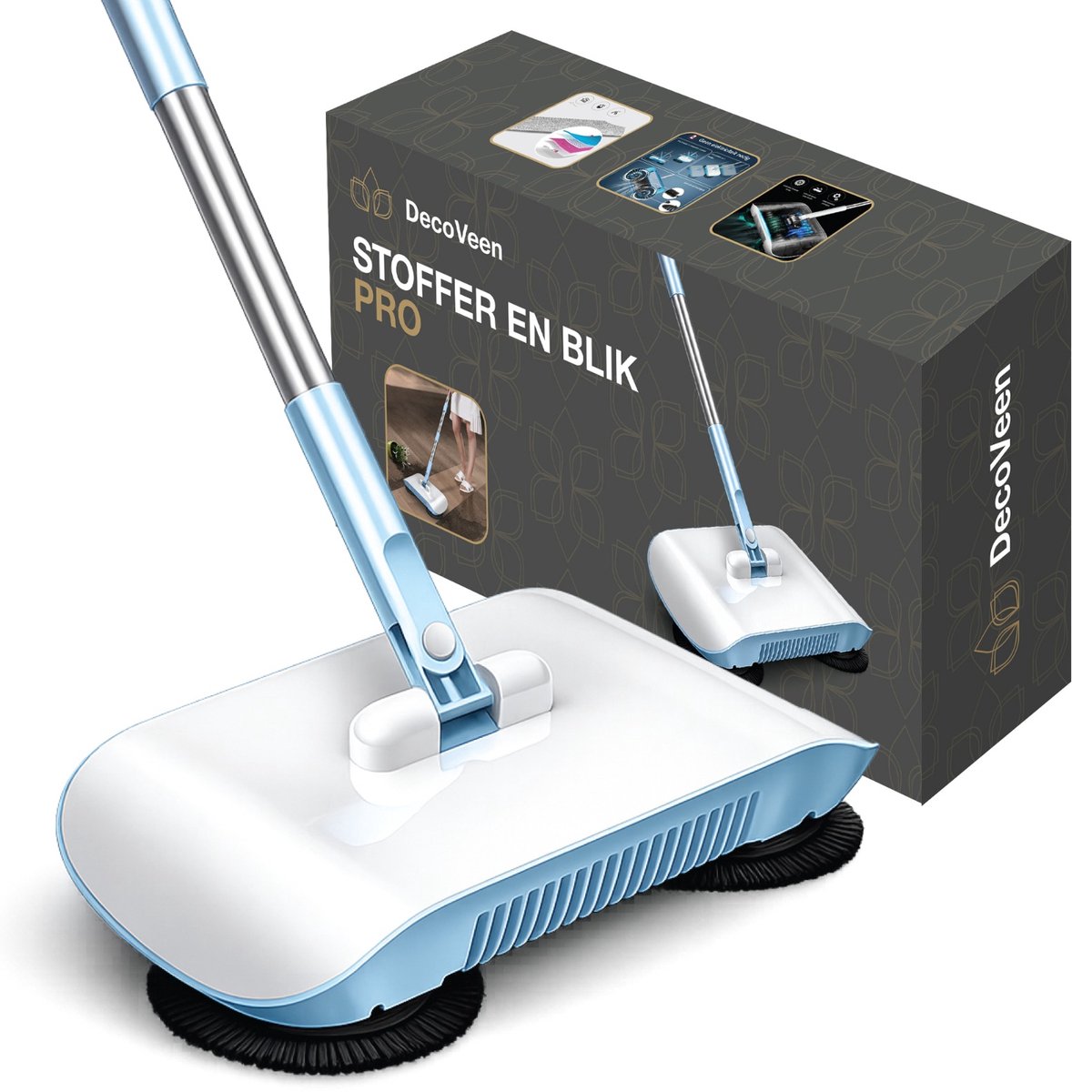 DecoVeen® Handduw Veegmachine – Lichtgewicht Veegset met Geïntegreerde Bezem en Stofopvang – Handmatige Vloerveger voor Huishoudelijk Gebruik – Compacte Sweeper voor Harde Vloeren – Blauw