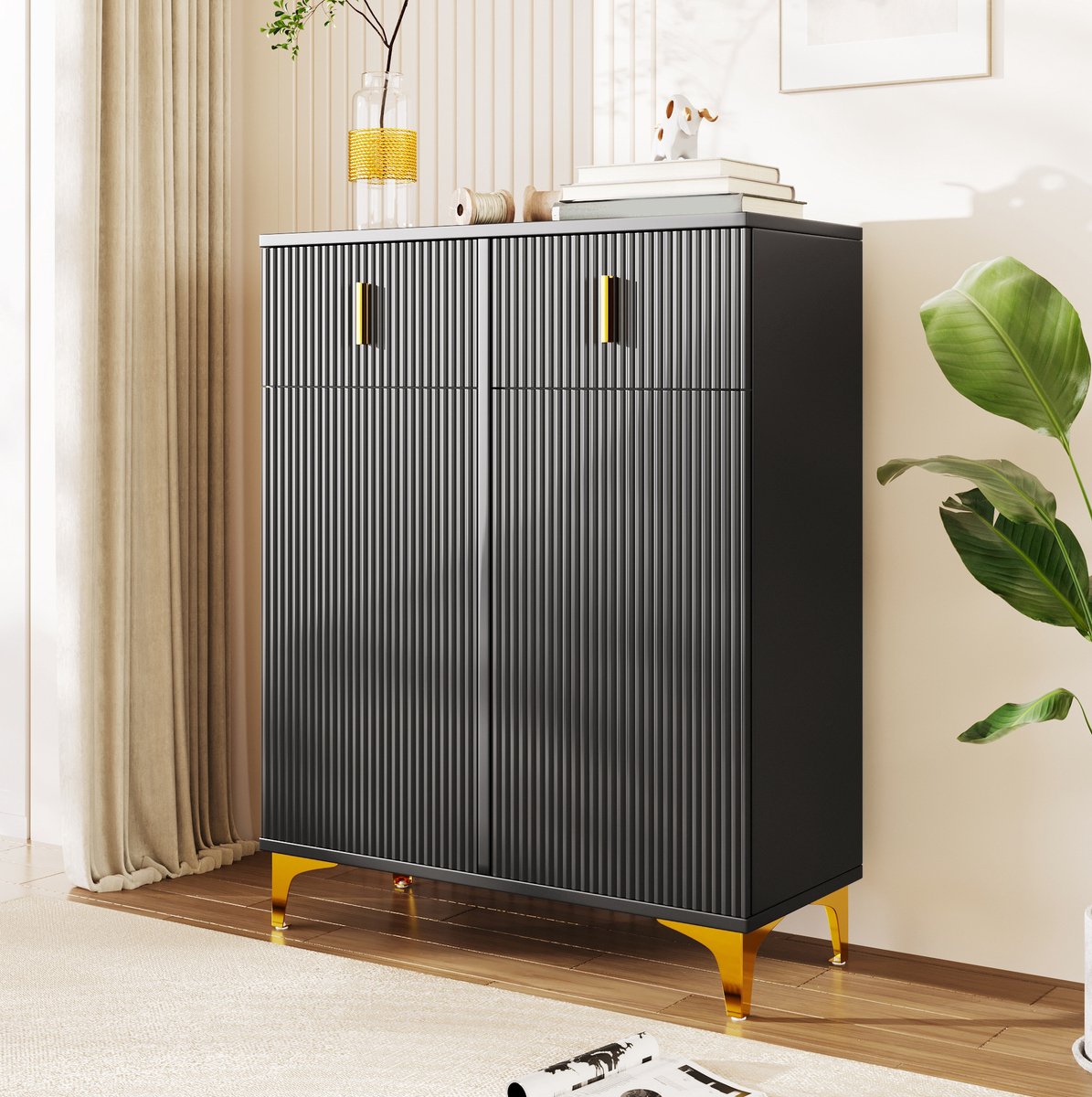 HAUSS SPOLE Schoenenkast - 2 Deuren, 2 Lades En Verstelbare Legplanken - Voor Hal En Woonkamer - Spaanplaat - 83x35x101 Cm - Zwart
