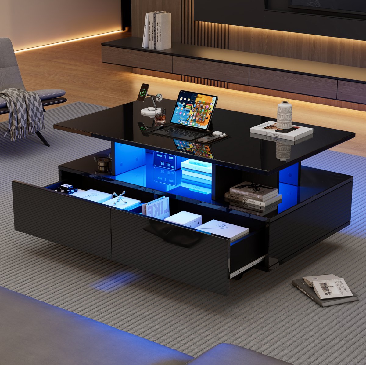 HAUSS SPOLE Salontafel - Hoogglans Met Ledverlichting En 2 Lades - Voor Woonkamer Of Leeshoek - Spaanplaat - 90x55x41 Cm - Zwart